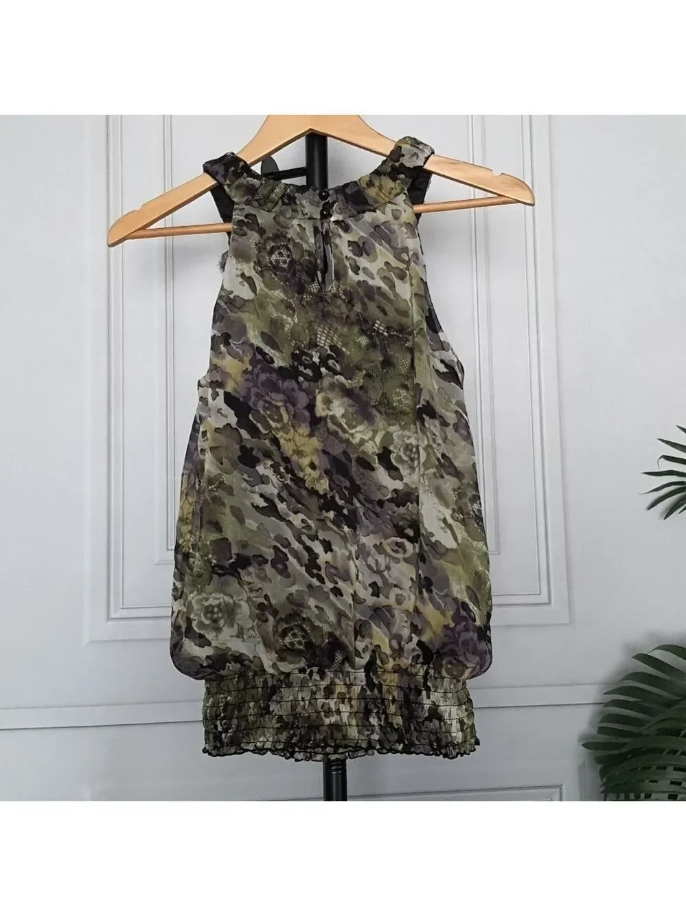 BCX Halter Top Camo Watercolor Smocked Waist Juniors XL Green Yellow
